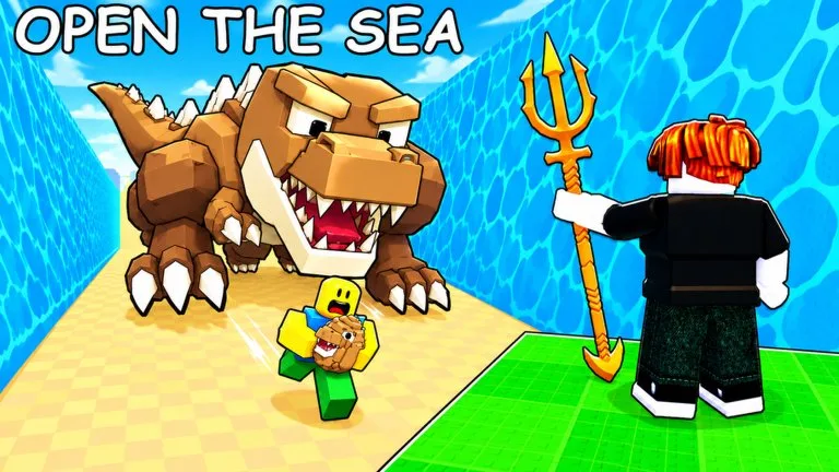 Official art labeled Open the Sea: a player with a golden trident faces a T-Rex chasing another player down a path between walls of water.